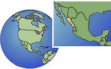 Mazatlan, Sinaloa, Mexico time zone location map borders