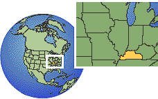 Bowling Green, Kentucky (western), United States time zone location map borders